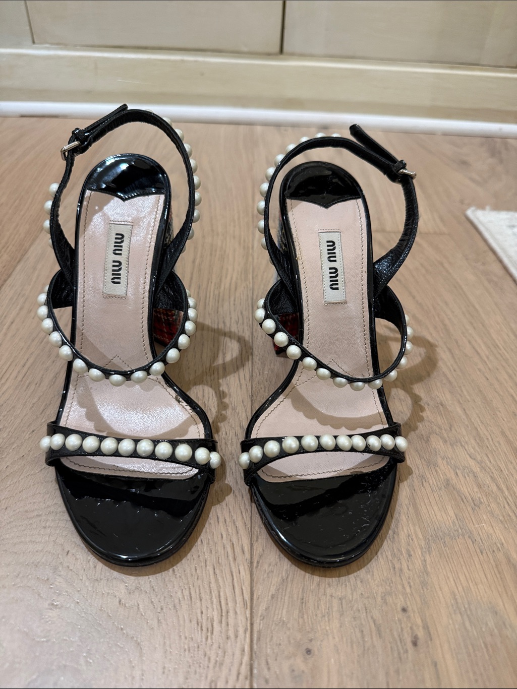 Miu Miu Black Patent Leather Pearl-Trimmed Ankle-Strap Heels